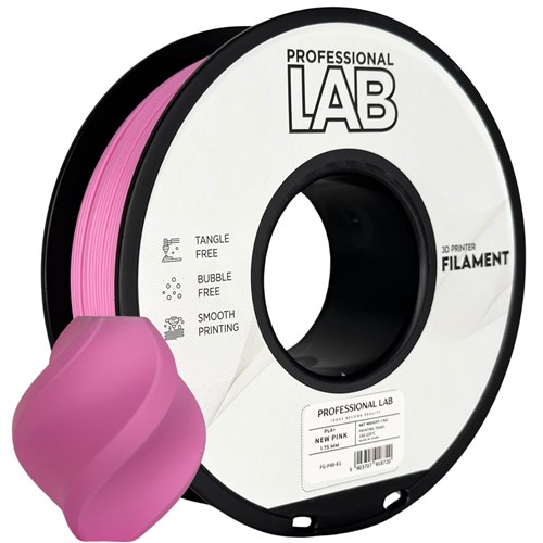 Carretel de filamento rosa para impressora 3D com etiqueta branca e amostra de objeto impresso