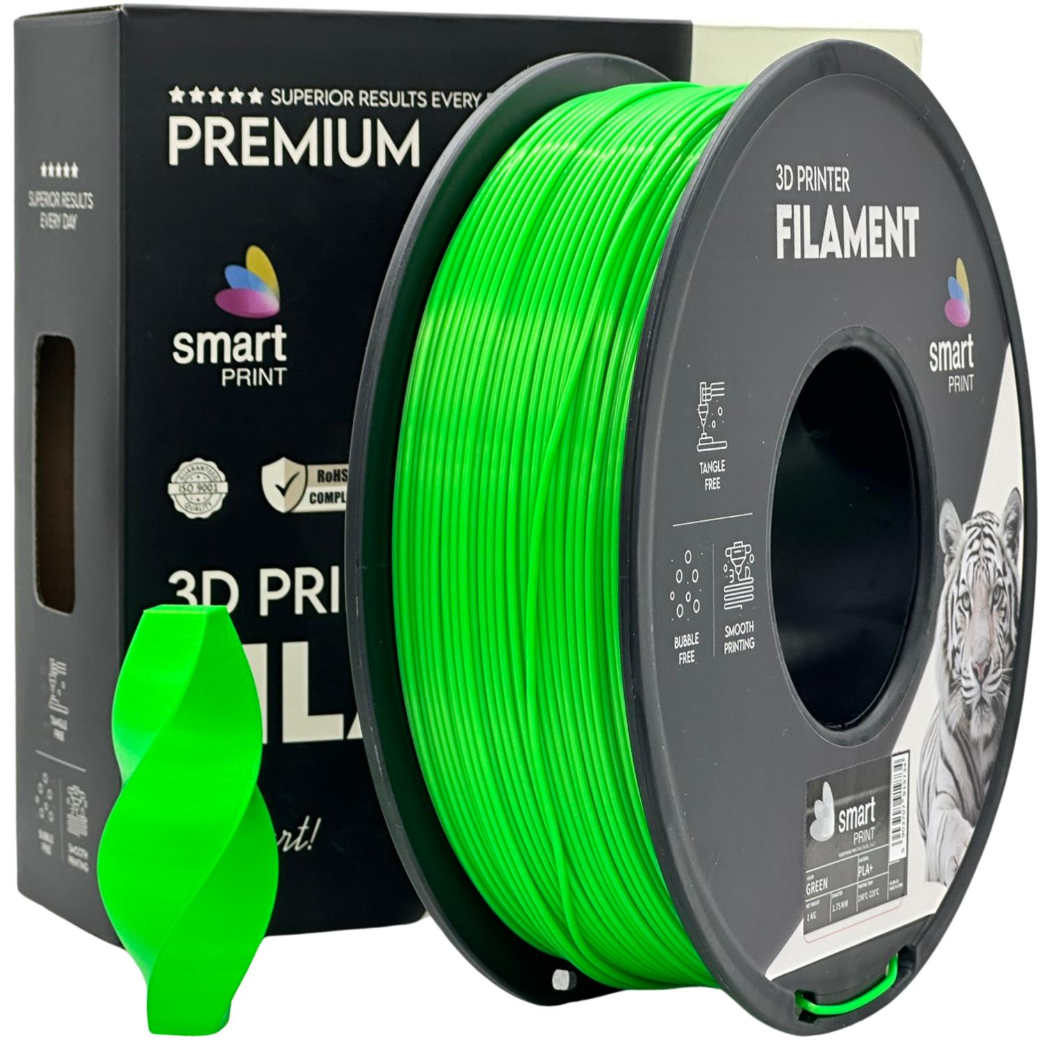Carretel de filamento verde fluorescente para impressora 3D com embalagem preta e objeto impresso ao lado.