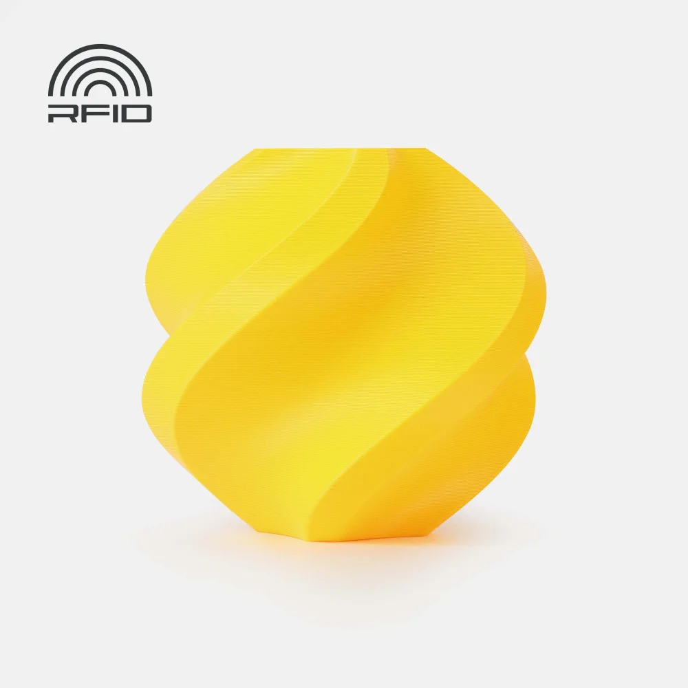 Objeto amarelo curvo com texto RFID no canto superior esquerdo