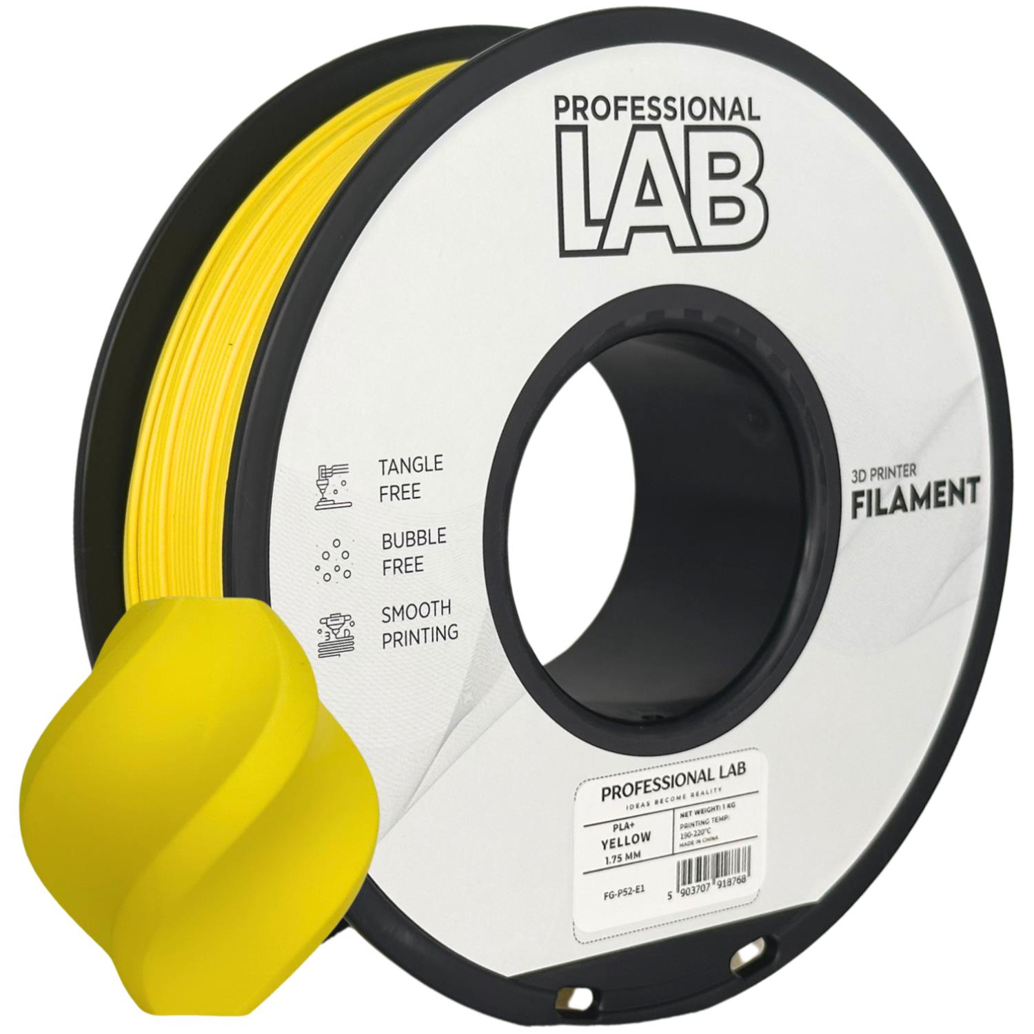 Filamento amarelo para impressora 3D PROFESSIONAL LAB em bobina preta com etiqueta branca