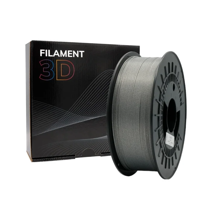 Rolo de filamento para impressora 3D prateado com embalagem preta