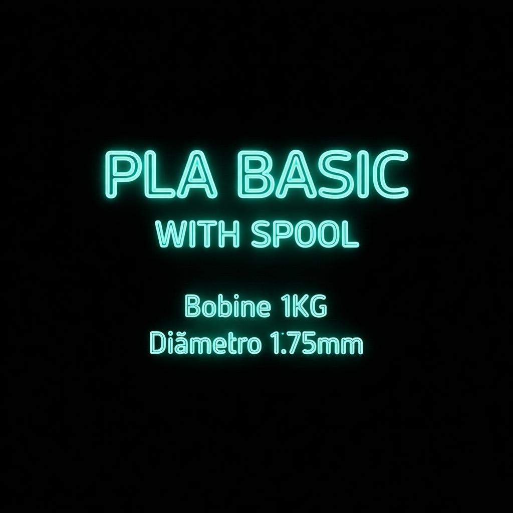 Texto em luz neon azul com informações de produto em fundo negro