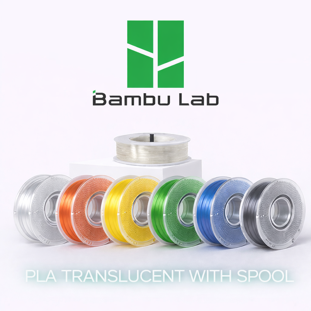 Bobinas coloridas de filamento PLA translúcido para impressora 3D com logo Bambu Lab ao fundo