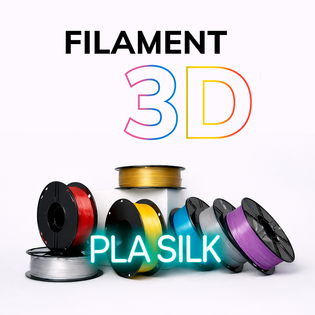 Vários carretéis de filamento 3D colorido sobre superfície branca com texto FILAMENT 3D e PLA SILK
