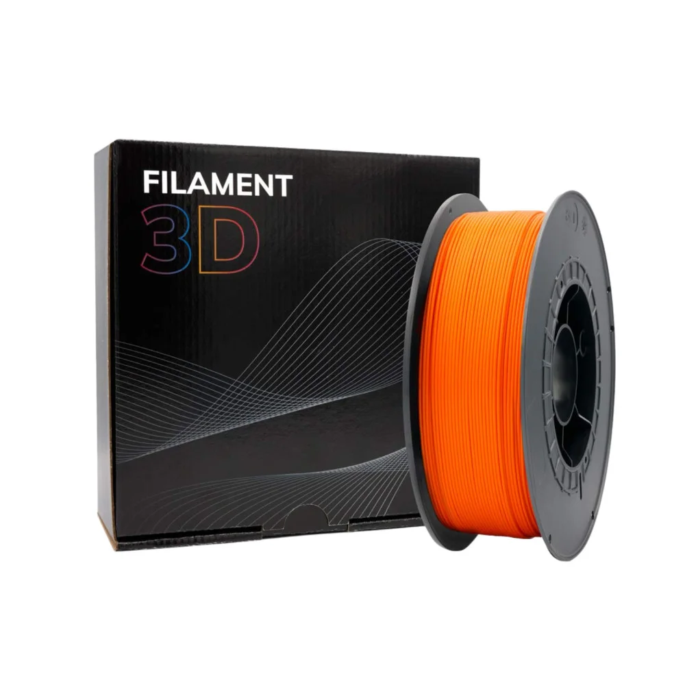 Filamento 3D laranja com carretel preto e caixa preta com texto.