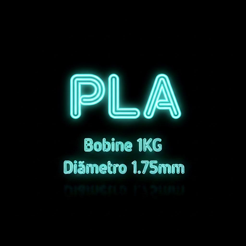 Texto em néon azul claro em fundo preto com as palavras PLA, Bobine 1KG, Diâmetro 1.75mm.