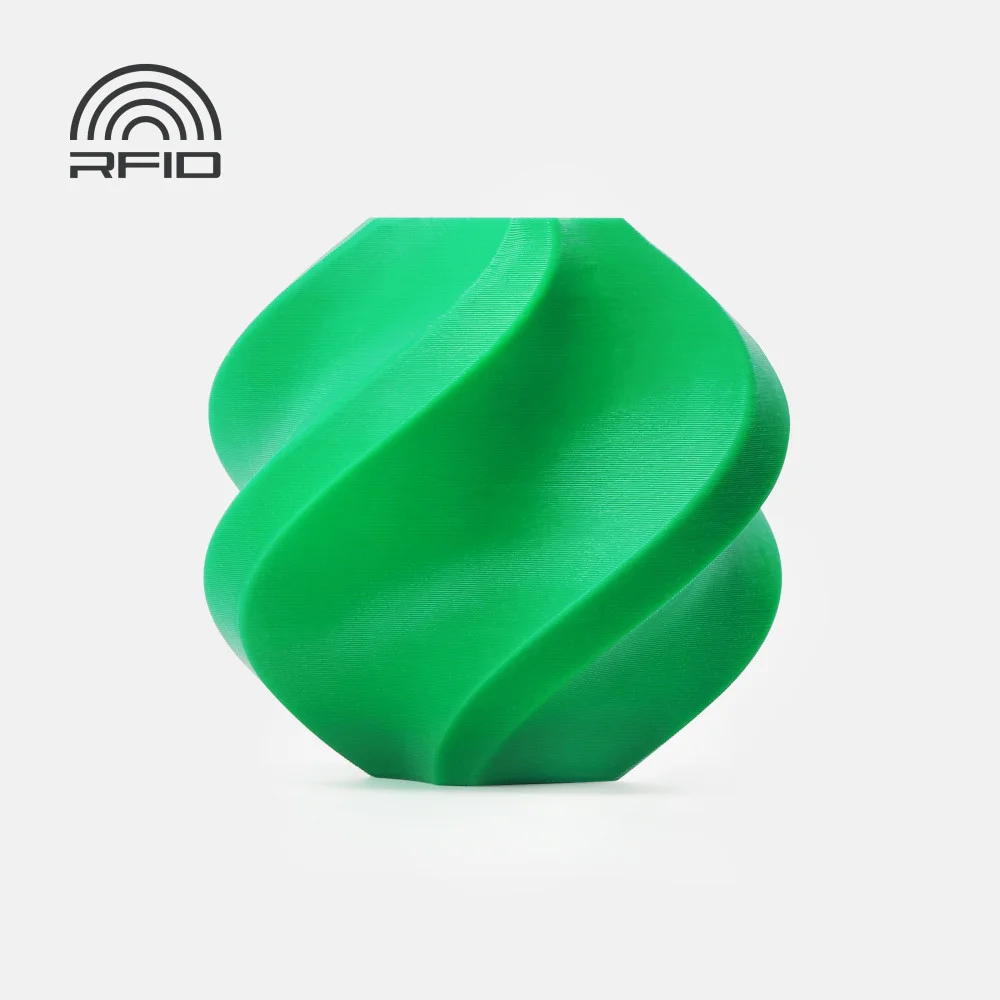 Objeto decorativo verde em espiral com símbolo RFID