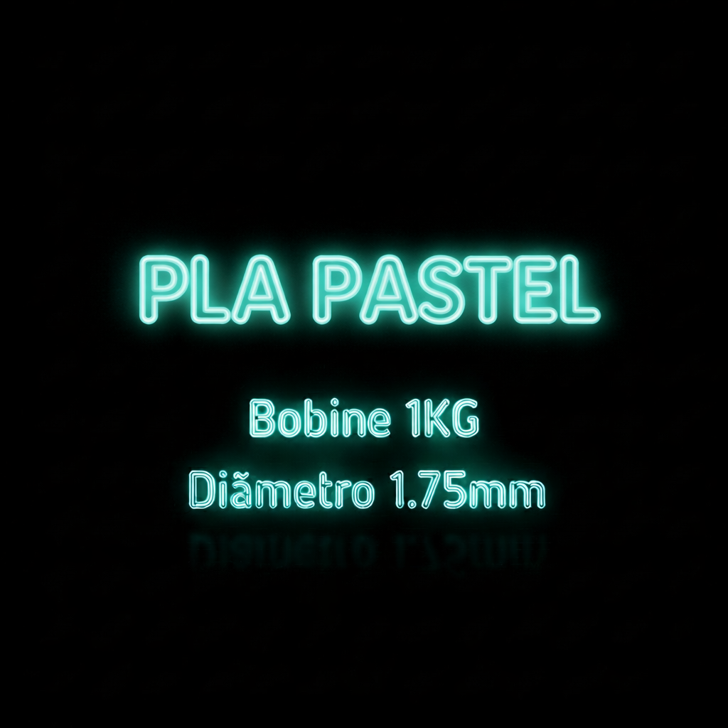 Texto em néon azul-clarinho: PLA PASTEL, Bobine 1KG, Diâmetro 1.75mm sobre fundo preto