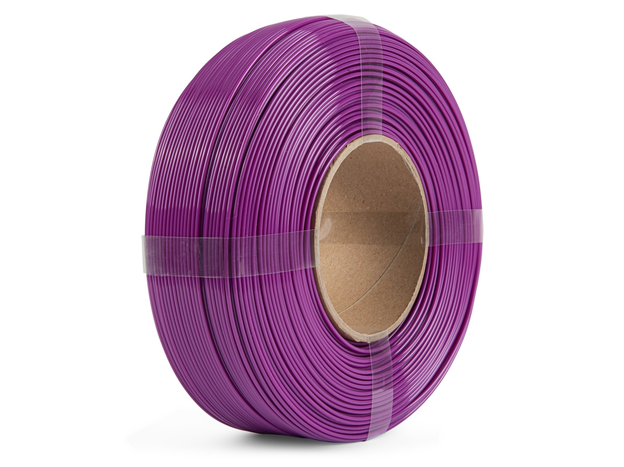 Rolo de fio elétrico roxo com núcleo de cartão e fitas transparentes