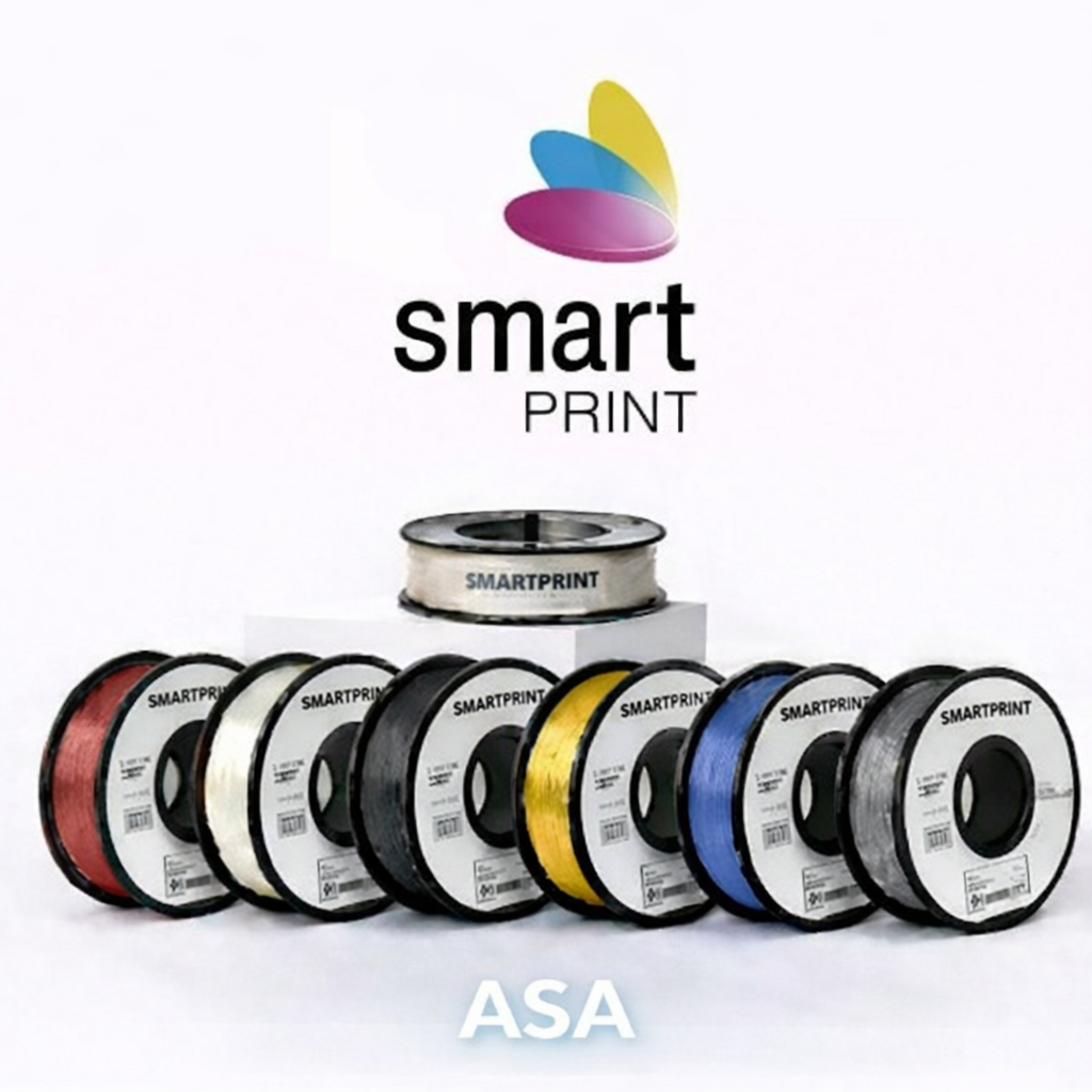 Rolos de filamento para impressora 3D SMARTPRINT coloridos e etiquetados ASA.