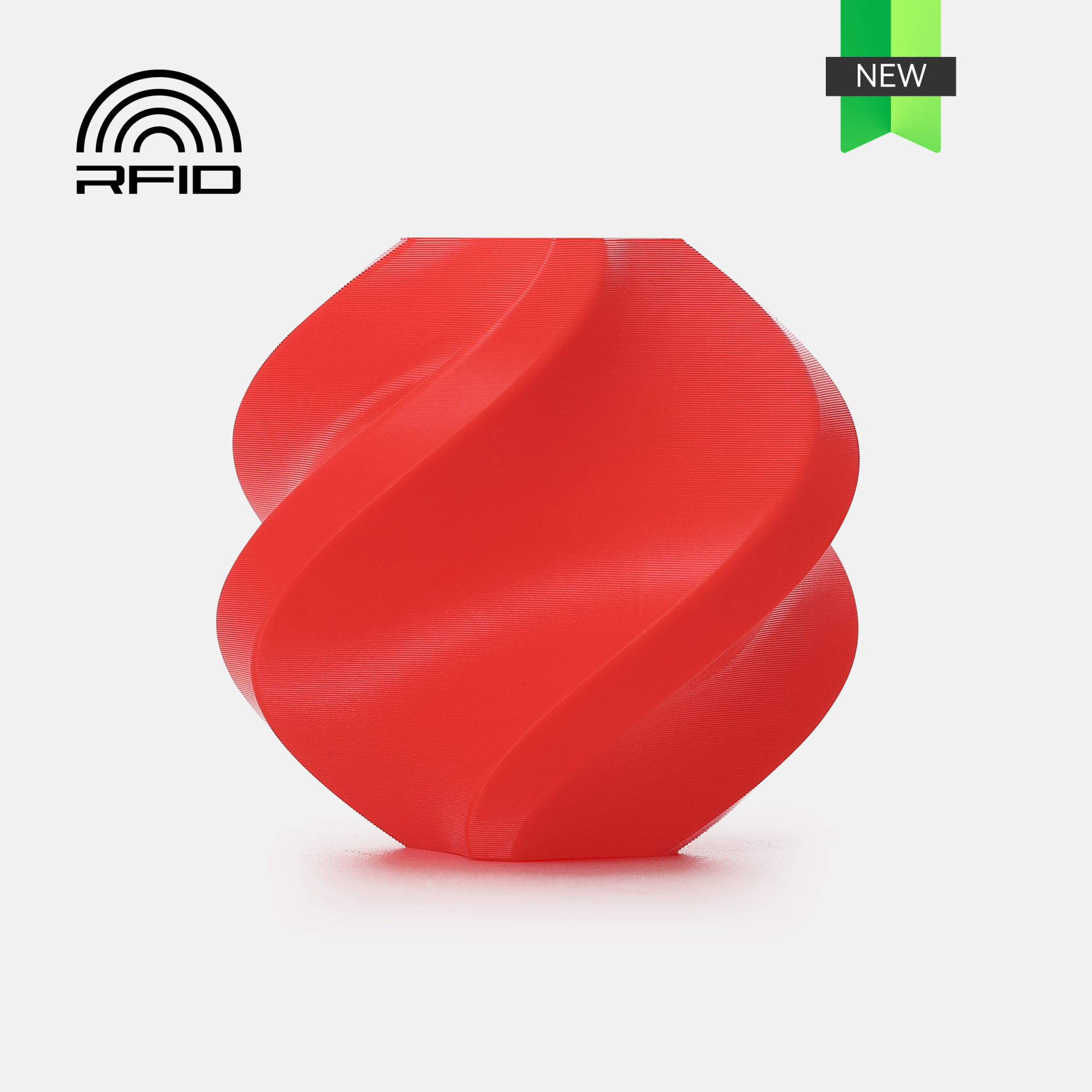Objeto vermelho ondulado com símbolo RFID e etiqueta NEW
