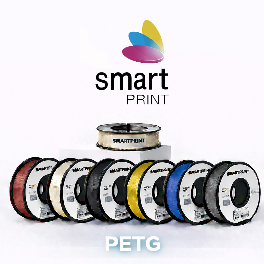 Rolos de filamento PETG de várias cores com etiquetas SMARTPRINT