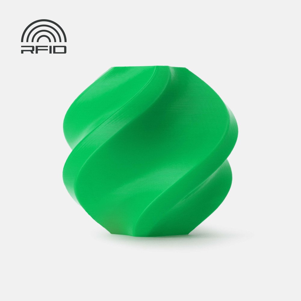 Objeto verde espiralado com logo RFID preto em fundo branco