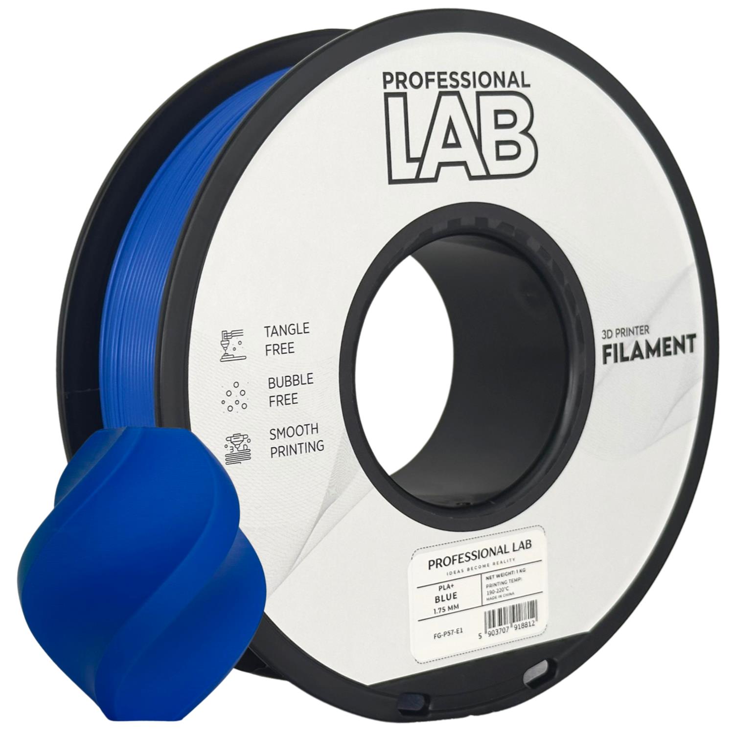 Bobina de filamento azul para impressora 3D PROFESSIONAL LAB com objeto impresso em azul