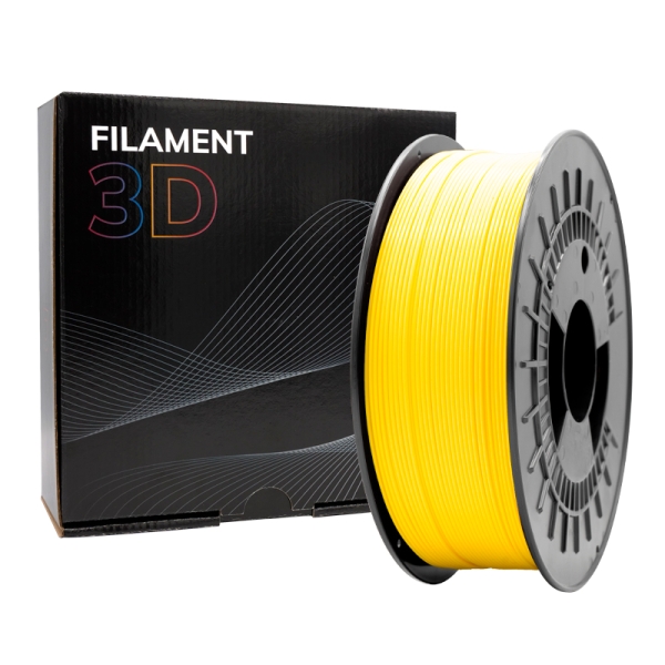 Rolo de filamento 3D amarelo e caixa preto com texto FILAMENT 3D