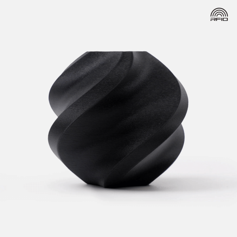 Escultura preta espiralada com símbolo RFID