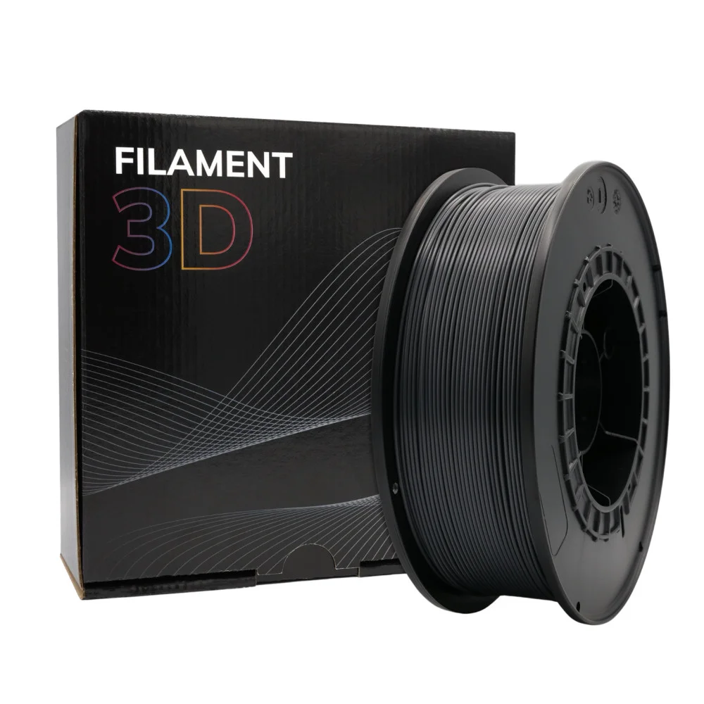 Filamento 3D preto em carretel ao lado de caixa preta com texto FILAMENT 3D