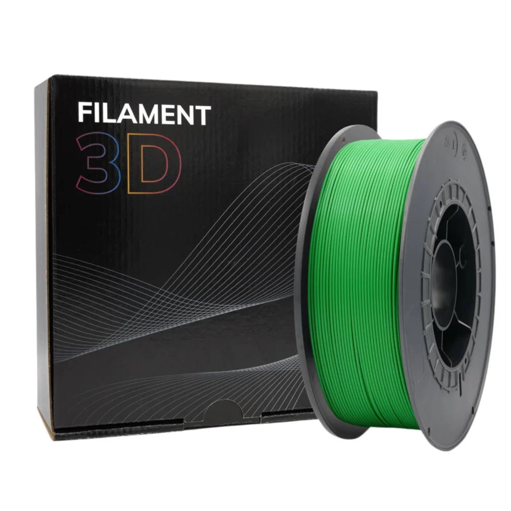 Filamento 3D verde em bobina ao lado de caixa preta com texto FILAMENT 3D.