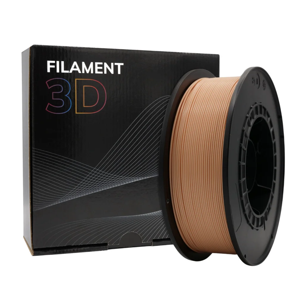 Rolo de filamento 3D castanho claro ao lado da caixa preta com texto FILAMENT 3D