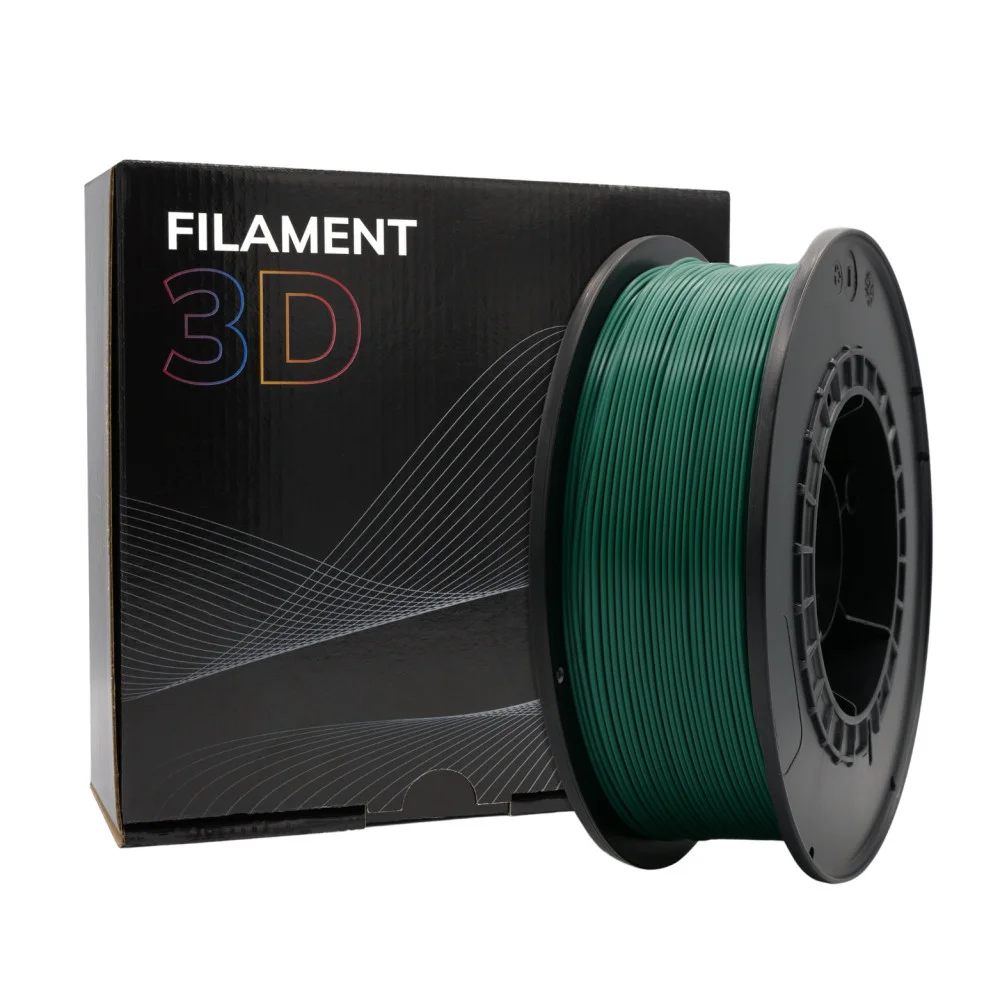 Filamento 3D verde escuro em carretel preto com embalagem preta ao fundo