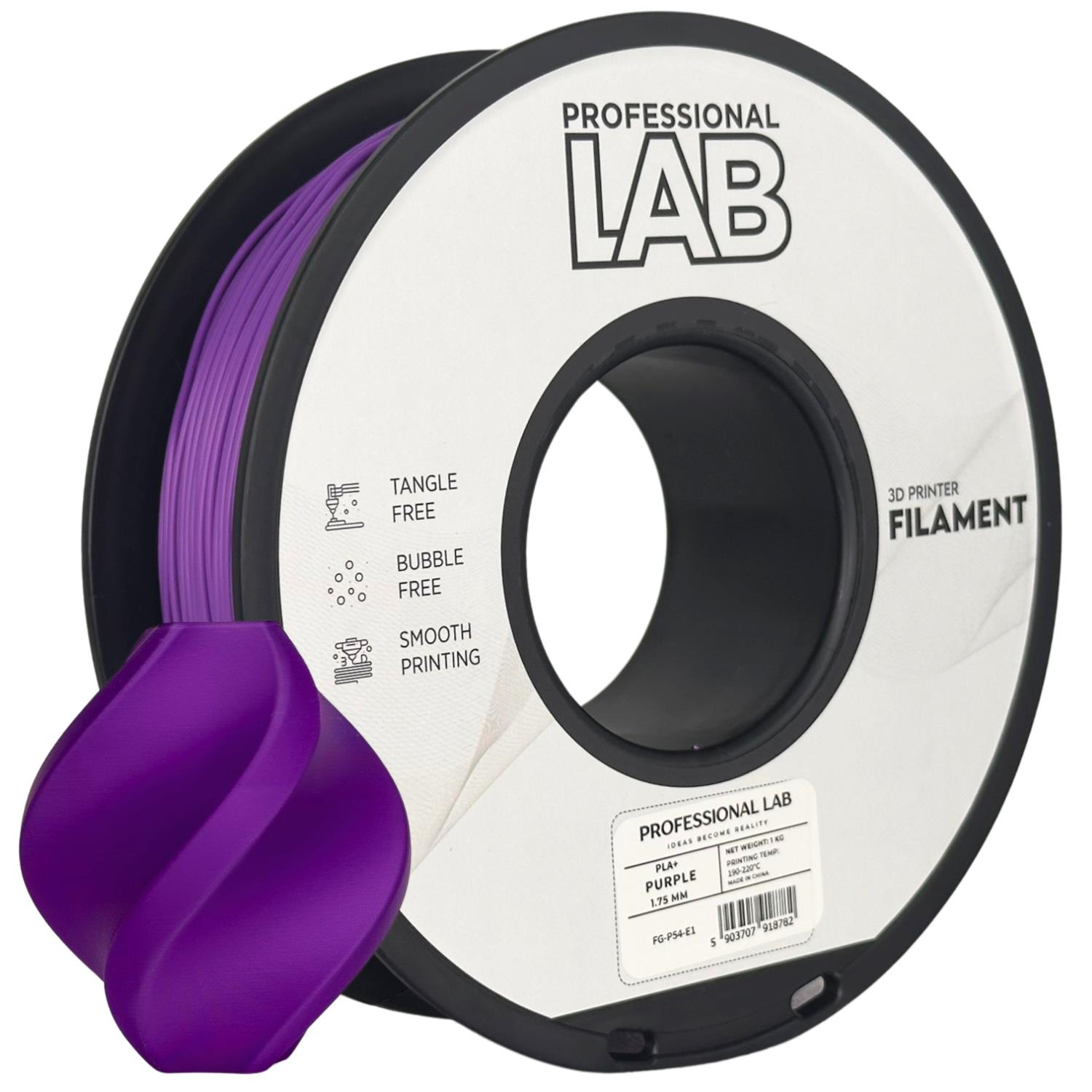 Rolo de filamentode impressora 3D roxo com etiqueta Professional Lab e peça impressa roxa