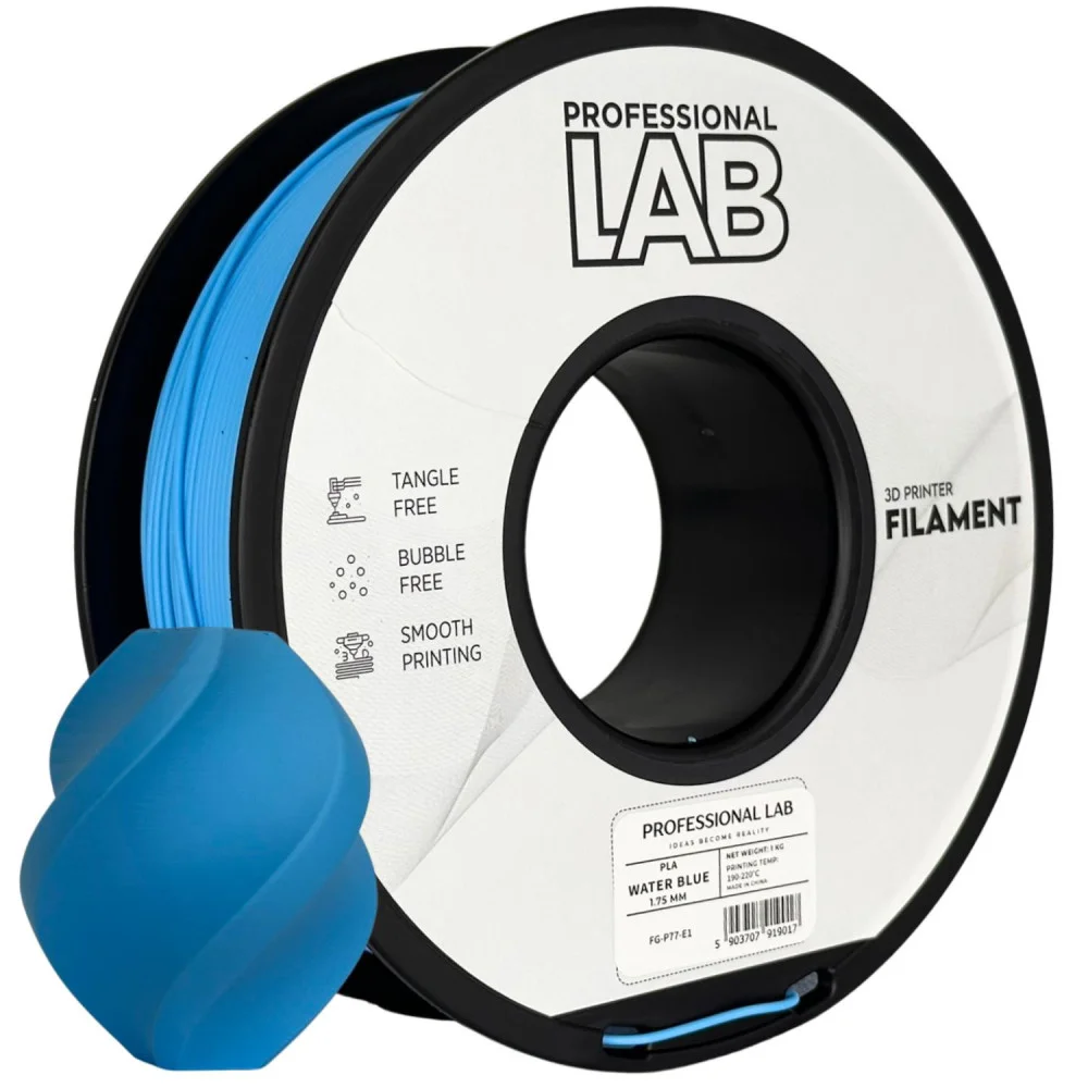 Filamento para impressora 3D azul da Professional Lab com peça impressa azul