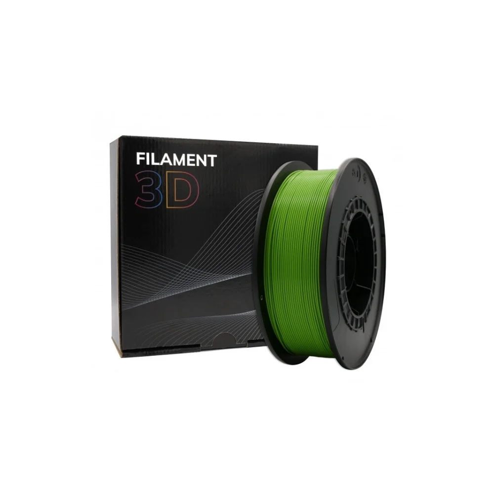 Filamento 3D verde em carretel preto com caixa preta ao fundo