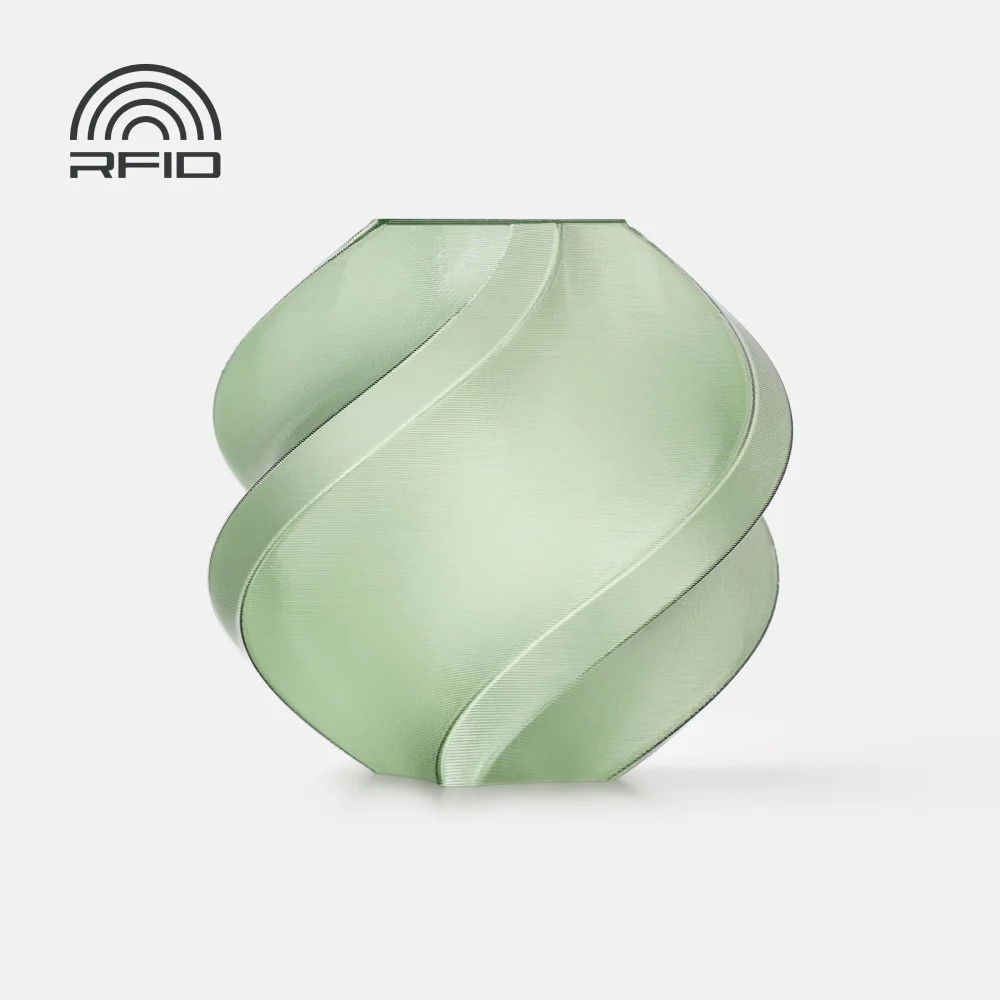 Vaso decorativo verde com padrão espiral e símbolo RFID