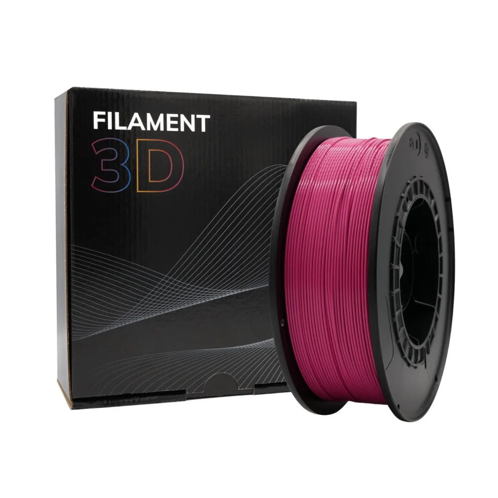 Rolo de filamento 3D rosa com carretel preto e embalagem preta ao fundo