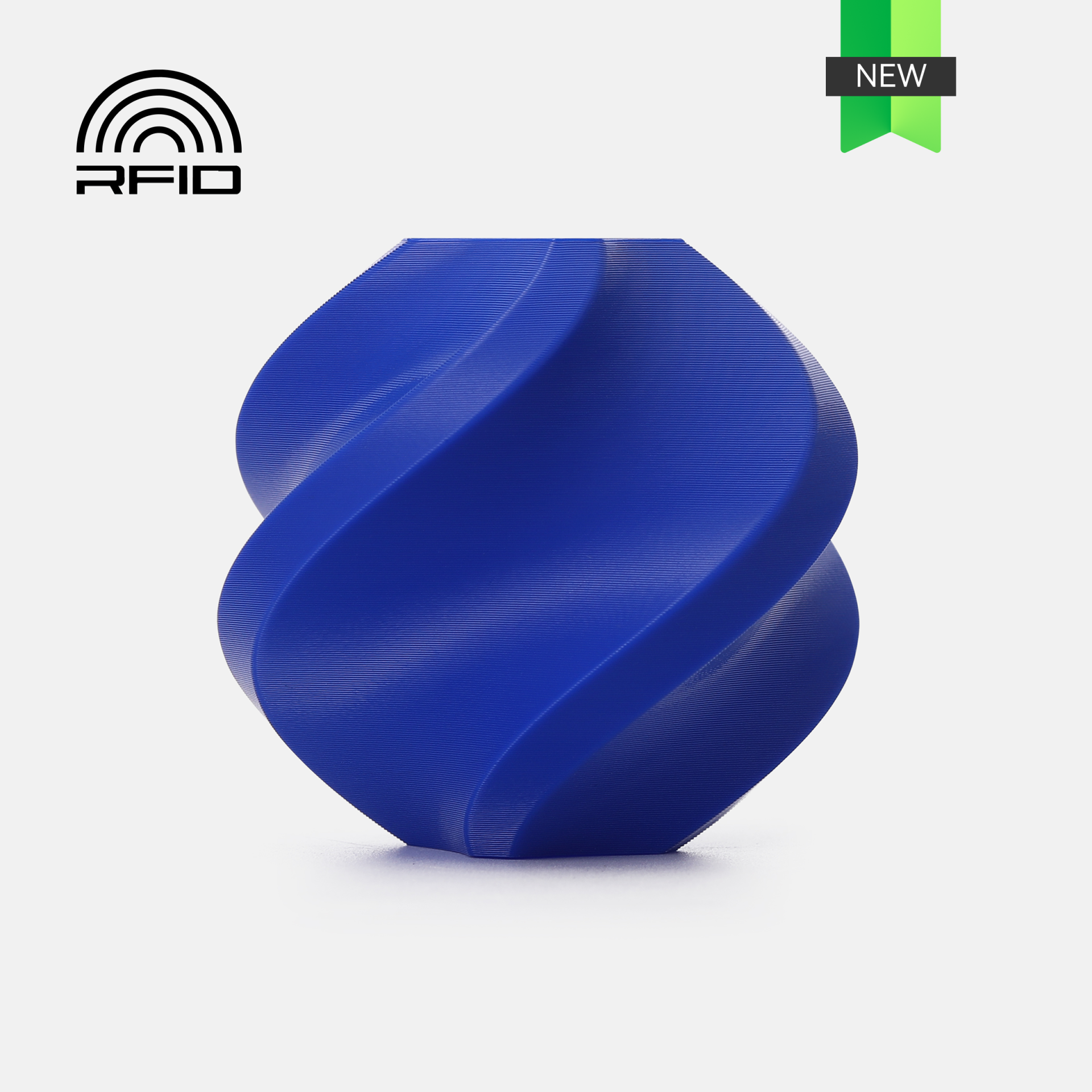 Objeto azul ondulado em espiral com fundo branco e texto RFID e NEW