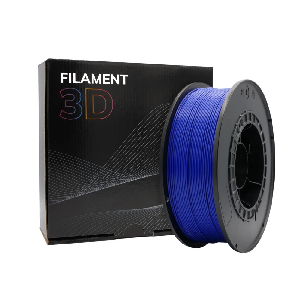 Rolo de filamento azul para impressora 3D ao lado de caixa preta