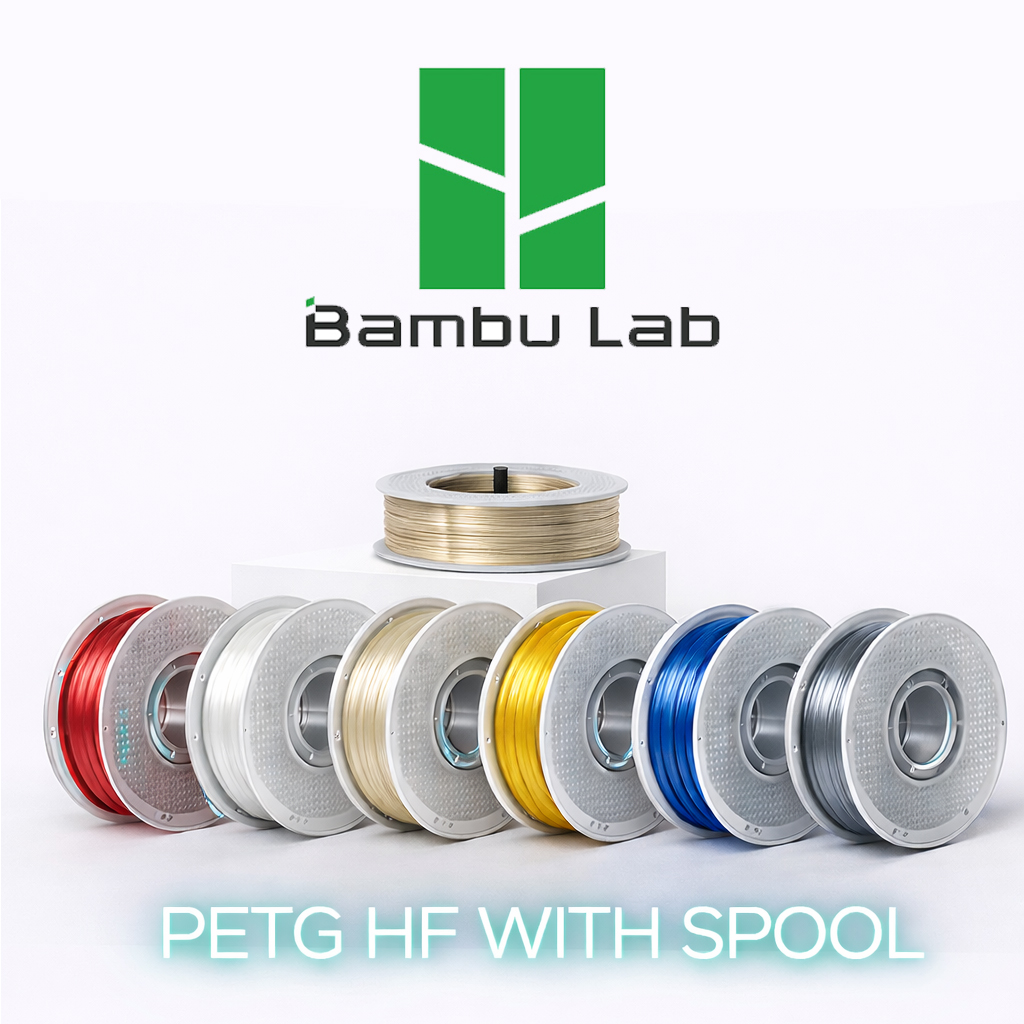 Carretéis de filamento PETG HF em várias cores com texto e logotipo Bambu Lab