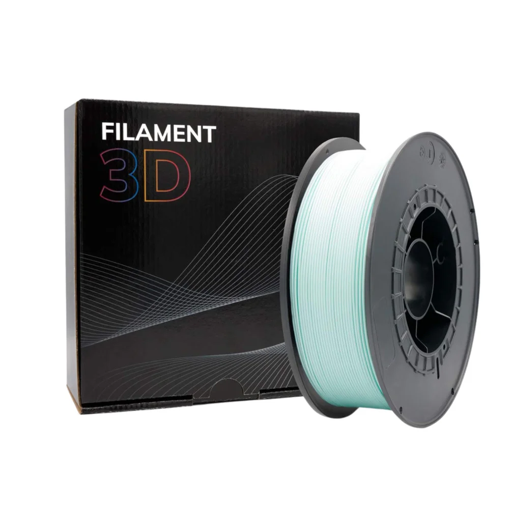 Filamento 3D branco em spool preto e caixa preta com texto FILAMENT 3D