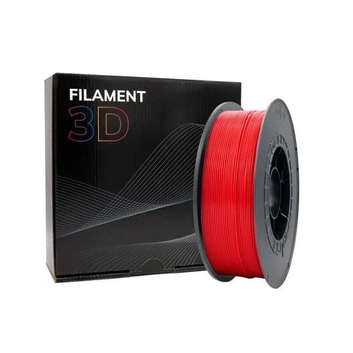 Rolo de filamento 3D vermelho ao lado de caixa preta com texto FILAMENT 3D