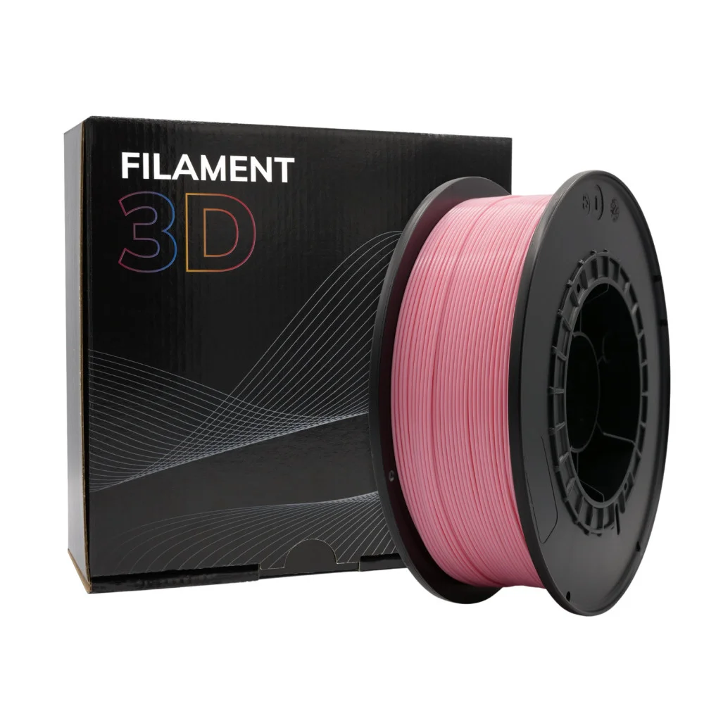 Rolo de filamento 3D rosa com carretel preto ao lado de caixa preta com texto