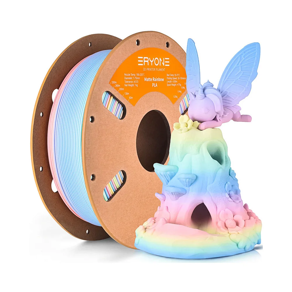 Bobina de filamento para impressora 3D Matte Rainbow PLA e uma figura de fada em cores pastel