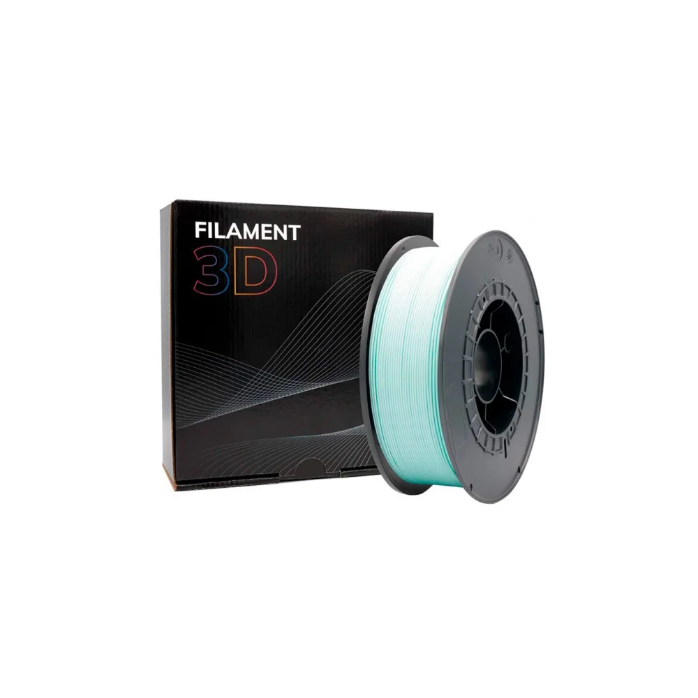 Carretel de filamento 3D verde água com suporte cinzento e caixa preta ao fundo