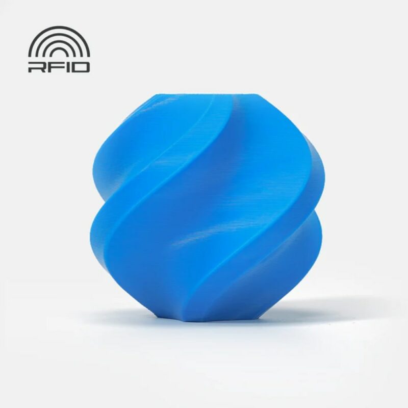 Objeto azul espiralado com símbolo RFID preto no canto superior esquerdo