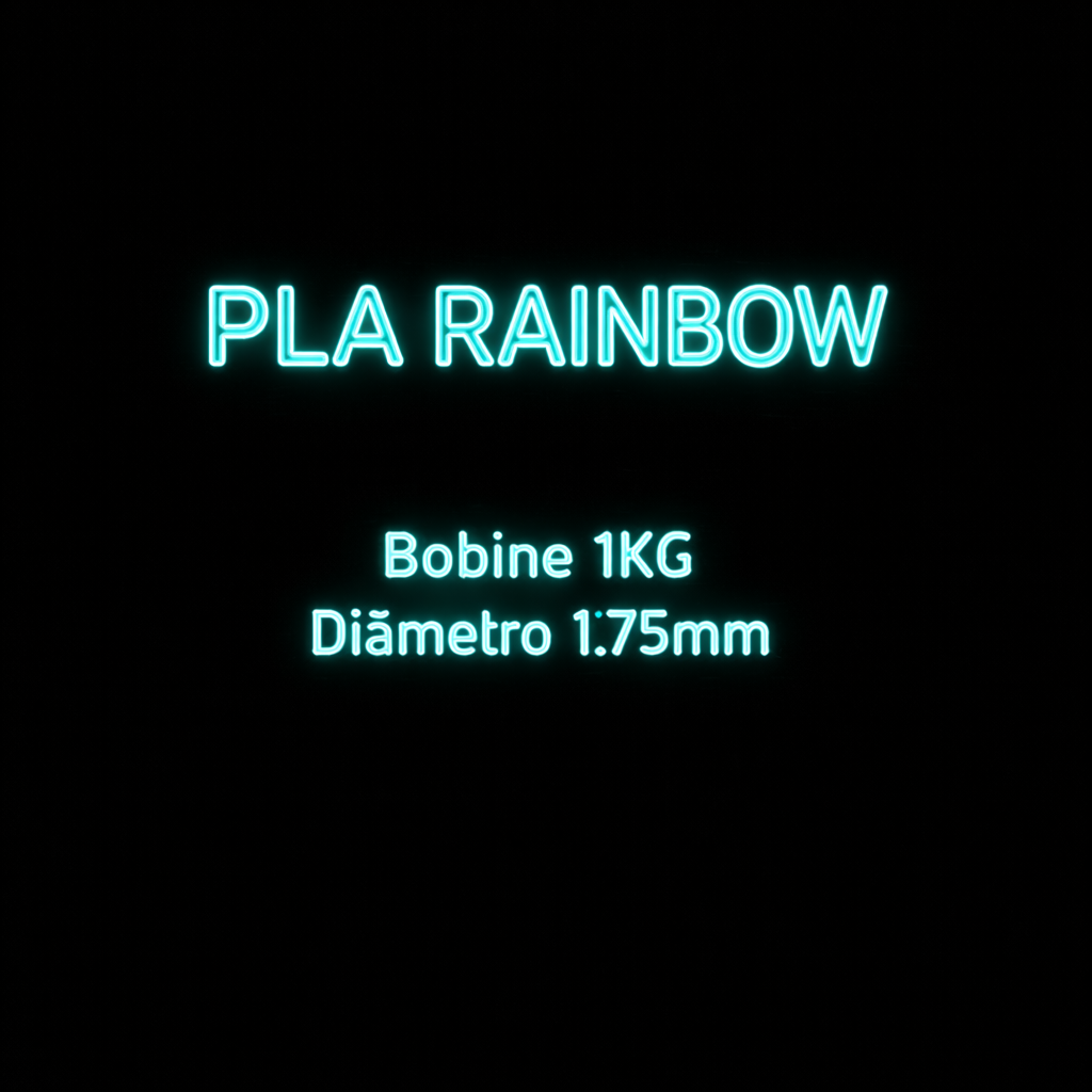 Texto luminoso azul neón PLA RAINBOW Bobine 1KG Diâmetro 1.75mm em fundo preto