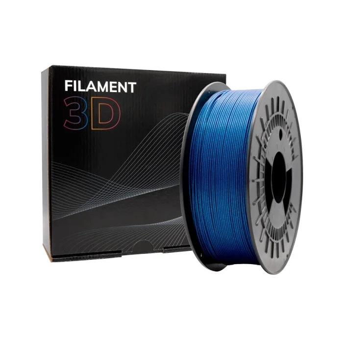 Carretel de filamentode impressora 3D azul ao lado de caixa preta com texto FILAMENT 3D