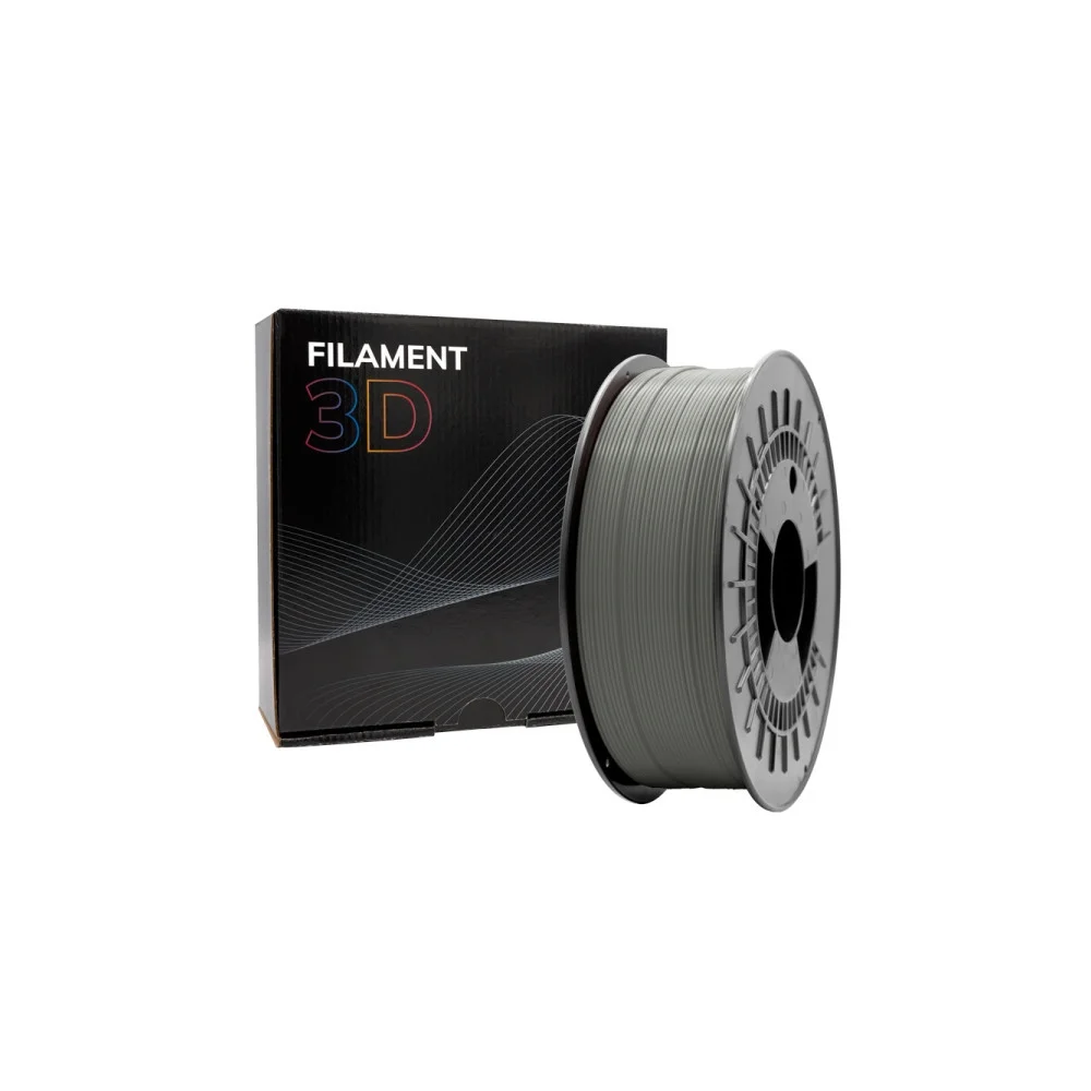Bobina de filamento 3D cinza com caixa preta etiquetada