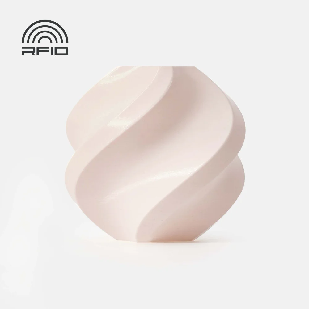 Esfera creme esculpida com símbolo RFID preto no canto superior esquerdo, fundo branco
