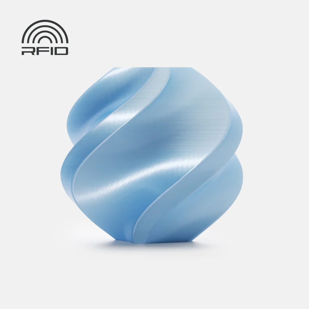 Objeto azul metálico em espiral com logo RFID preto
