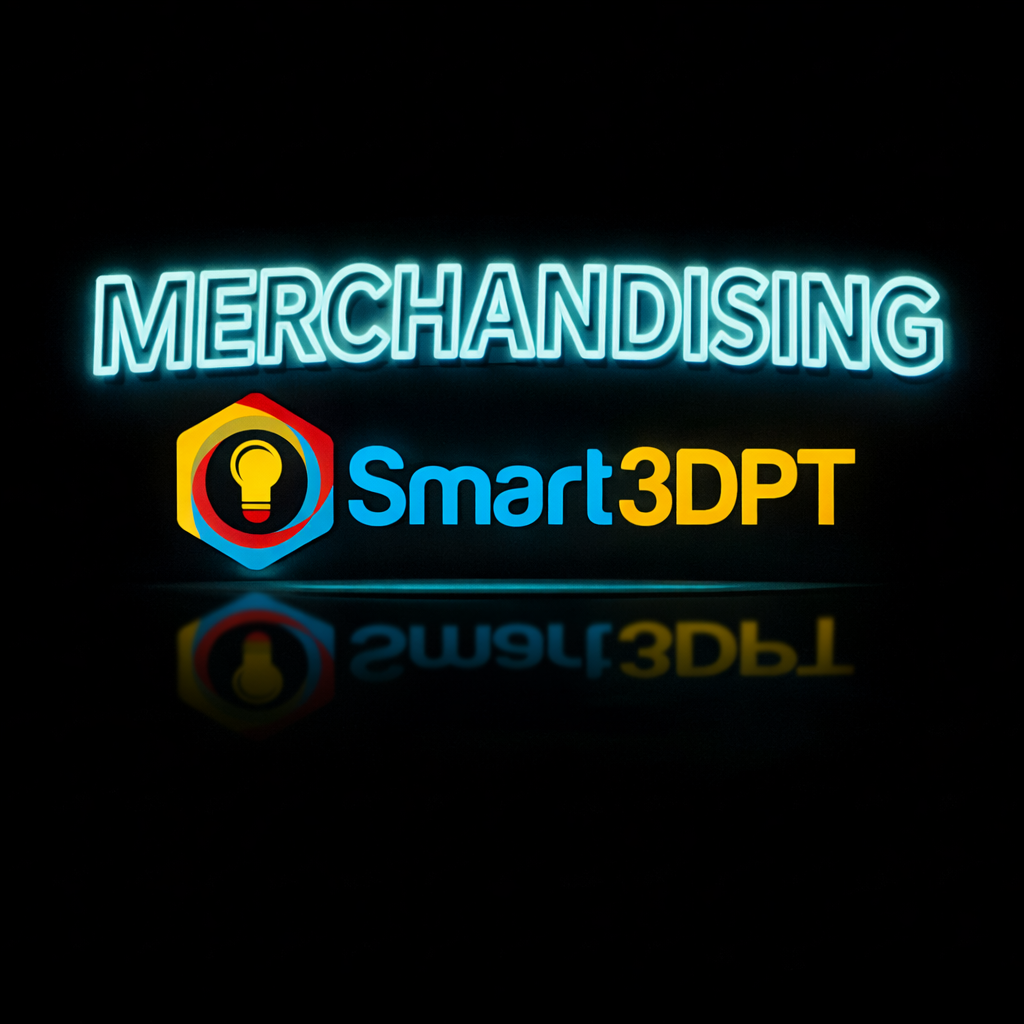 Texto luminoso MERCHANDISING em azul e logotipo colorido Smart3DPT em fundo preto