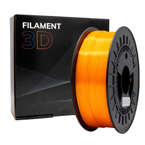 Carretel de filamento 3D laranja com caixa preta marcada FILAMENT 3D