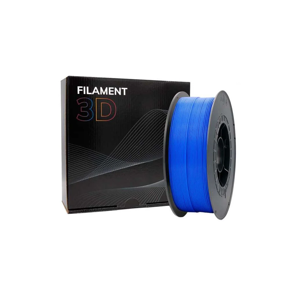 Rolo de filament azul para impressão 3D com embalagem preta e cinzenta