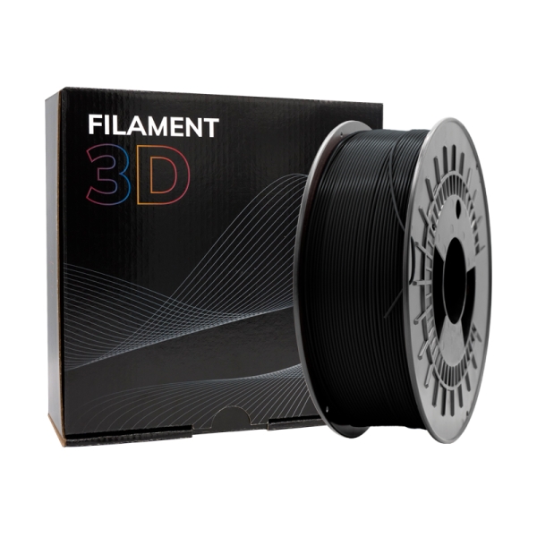 Rolo de filamentode 3D preto com bobina cinzenta e caixa preta com texto FILAMENT 3D