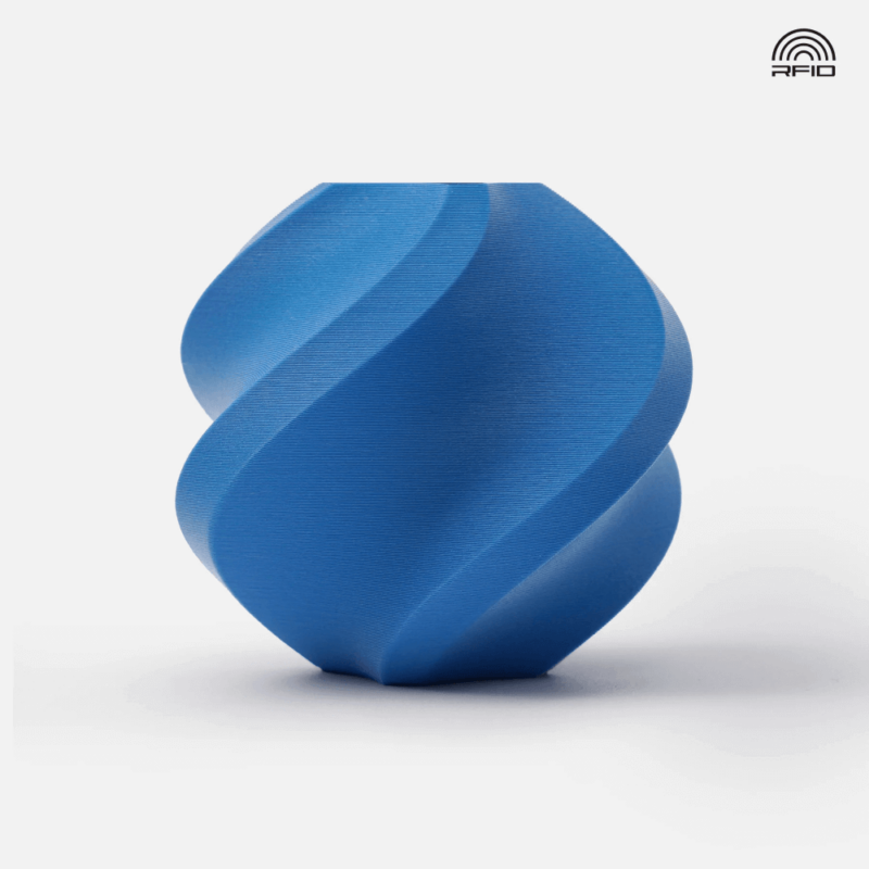 Escultura azul em espiral texturizada com símbolo RFID