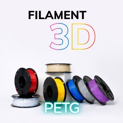 Bobinas de filamento 3D PETG de várias cores sobre fundo branco com texto