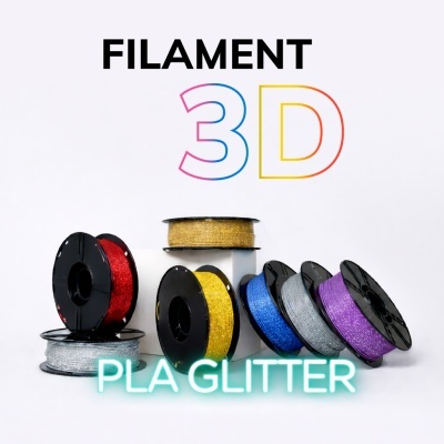 Rolos de filamento PLA glitter para impressão 3D de várias cores com texto FILAMENT 3D e PLA GLITTER.